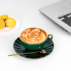 Tea Cup and Saucer with Spoon, Porcelain Coffee Cup with Handle, Espresso Mug with Gold Trim for Office and Home