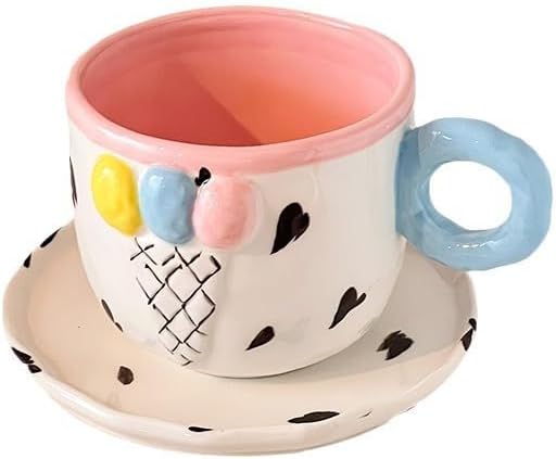 Ceramic Ice Cream Coffee Cup and Saucer Set for Women, 10 Oz Colorful Cute Teacup Set for Latte Tea