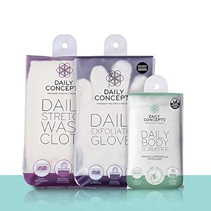 Body Basics von Daily Concepts – Daily Body Scrubber + Daily Stretch-Waschlappen + Daily Peeling-Handschuhe