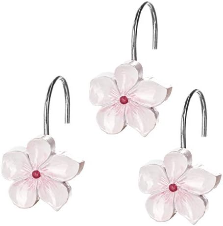 Creative Scents White Shower Curtain Hooks - Set of 12 White & Pink Flower Shower Curtain Hooks - Decorative Shower Curtain Rings for Shower Curtain - Blossom Shower Hooks for Shower Curtain (Vanda)