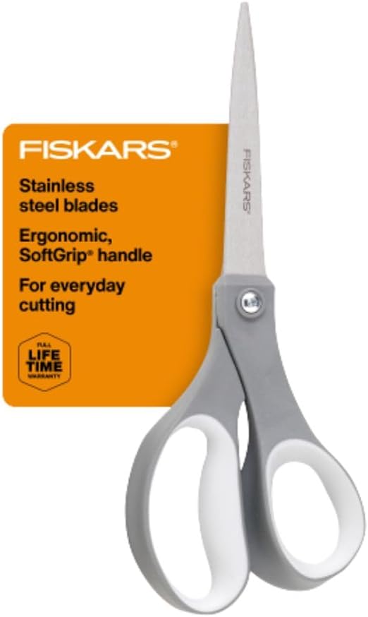 Fiskars Softgrip Contoured Performance Scissors All Purpose - Stainless Steel - 8" - Fabric Scissors for Office, Arts, and Crafts- Grey