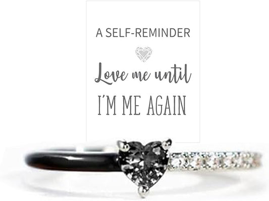 Love Me Until I'M Me Again Black Heart-Cut Half Enamel Ring, Heart Rings Promise Self Love Rings Open Adjustable Heart Rings Jewelry Birthday Gifts for Women, Daughter, Wife, Friends