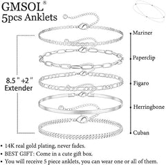 GMSOL Gold-Knöchelarmbänder für Damen, 14 Karat vergoldet, Strand, wasserfest, geschichtet, kubanische Figaro-Fußkettchen, Set, stapelbarer Fußschmuck als Geschenk