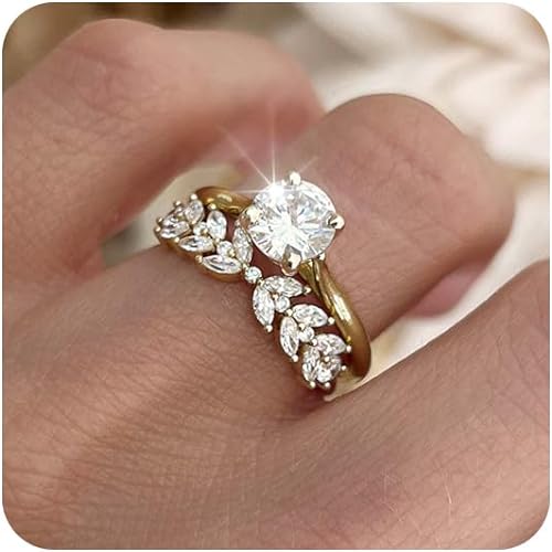 FUNEIA Cubic Zirconia Gold Rings for Women Non Tarnish Trendy Dainty 14K Gold Plated Stackable Princess Cut Fake Engagement Ring Set Diamond Wedding Promise Rings for Her Jewelry Size 6 7 8 9 10 11