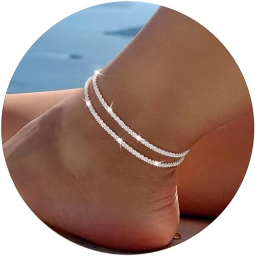 koperin Ankle Bracelets for Women，Silver Layered Glitter Waterproof Anklet for Women 14K Gold Plated Anklets Sterling Silver Layered Moon Pendant Anklet Summer Beach Waterproof Anklet for Women