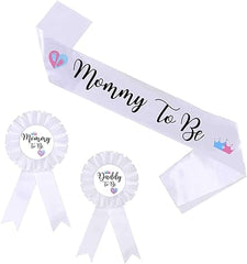 HAPPYLAND Gender Reveal Decorations Sash and Tinplate Badge Mommy to Be and Daddy to Be Baby Shower