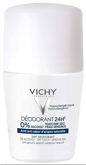 Vichy 24-Stunden-Dry-Touch-Deodorant zum Aufrollen, aluminiumfrei mit unsichtbarem, klarem Finish, rückstandsfreies Deodorant für empfindliche Haut, 24-Stunden-Schutz 