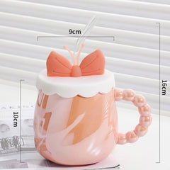 Glossy Ceramic Mug 14 Oz with Bow Silicone Cover Lid Pearl Style Handle, Large Shiny Pinkish Orange Coffee Cup for Women Girls