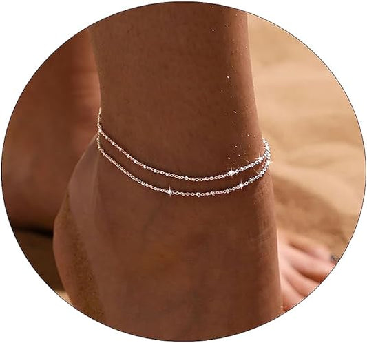 JECOMY Fußkettchen für Damen, 14 Karat vergoldet, Fußkettchen, Silber, Fußkettchen, wasserdicht, Perle, Zirkonia, Strass, Herzperlen, Fischgrätmuster, Kuba-Gliederkette, Fußkettchen, zierlicher Schmuck, Geschenk für Mädchen