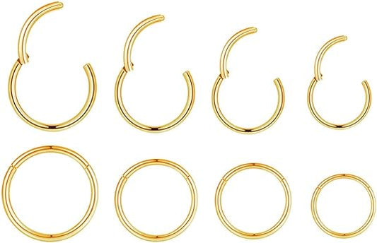 4 pares/piezas 18G de acero quirúrgico con bisagras, segmento de clicker, anillos de nariz, aro, hélice, cartílago, daith, tragus, aretes para dormir, piercing corporal para mujeres, hombres y niñas, 6 mm, 8 mm, 10 mm, 12 mm