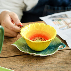 Sunflower Tea Cup and Saucer Set 6 Oz, Enamel Flower Porcelain Coffee Cup Saucer Set with Spoon for Women, Hand Crafted Tea Set