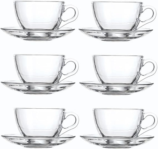 GURUDAR Glas-Teetassen- und Untertassen-Set, 6er-Pack Kaffeetasse mit Edelstahllöffel, geeignet für Espresso, Saft, Cappuccino und mehr Getränke, 7OZ/210ML, transparent 