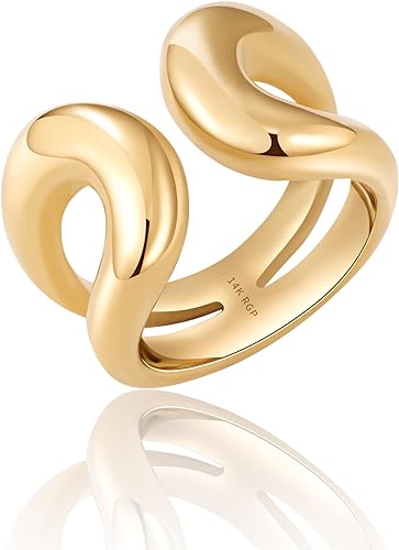 NVWAROCK Gold Chunky Bands Ring 14K Real Gold Plated Open Statement Rings for Women and Men Double Layer High Polish Stackable Thick Ring Size 5 to 10