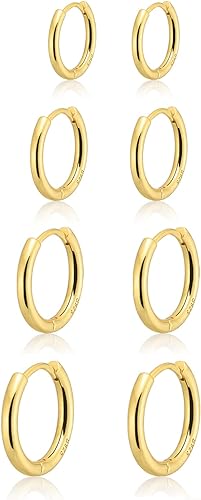 Gokeey Small Gold Huggie Hoop Earrings Set for Women 14K Real Gold Plated Hypoallergenic Lightweight Earrings for Sensitive Ears Everyday Earrings for Cartilage Piercings Jewelry for Women Gifts 6mm/8mm/10mm/12mm(4 Pair)