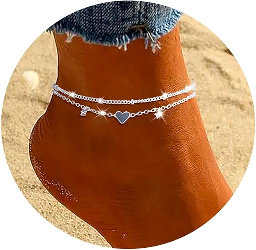 Poxtex Sterling Silver Anklet Bracelets for Women Waterproof, 925 Sliver Plated CZ & Heart Charm Dainty Layer Anklets for Women Trendy, Simple Chain Anklets Set Gifts for Teen Girl, Valentine's Day Jewelry Gifts for Her Women Mom Wife Girlfriend