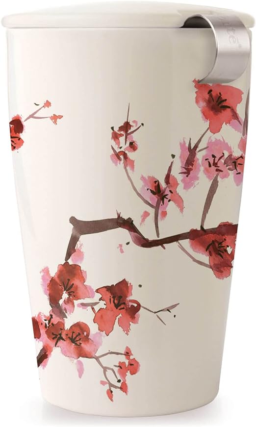 Tea Forte Kati Cup Ceramic Tea Infuser Cup with Infuser Basket and Lid for Steeping, Cherry Blossoms