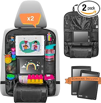 Cartik Backseat Car Organizer with LCD Writing Tablet, Includes Erasable Drawing Tablet - Road Trip Essentials for Kids, Car Organizer Backseat Storage for Toys & Accessories (Double pack)