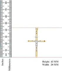 Religiöser Kruzifix-Kreuz-Charm-Anhänger aus 14 Karat zweifarbigem Gold, 43 mm x 20 mm