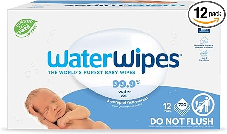 WaterWipes Plastic-Free Original Baby Wipes, 99.9% Water Based Wipes, Unscented & Hypoallergenic for Sensitive Skin, 60 Count (Pack of 12), Packaging May Vary