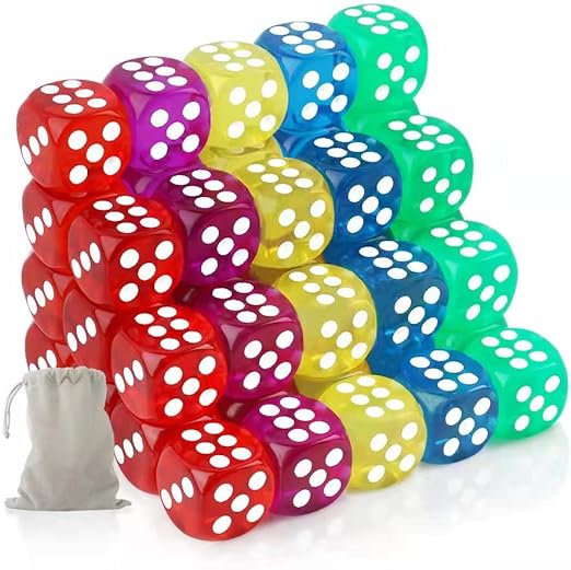 Riaaorr Juego de dados de 6 caras, 50 piezas, 14 mm, esquinas redondeadas translúcidas premium, dados a granel de colores para enseñanza en el aula, juegos de mesa, juego de dados (con bolsa) 