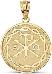 Religiöser Schmuck von FDJ 10 Karat Gelbgold Chi Rho Alpha Omega Symbol Medaillon runder Anhänger