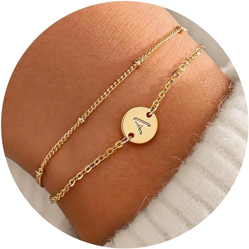 MONOZO Valentinstagsgeschenke – Gold-Anfangsarmbänder für Frauen und Mädchen – 16 Karat vergoldetes Buchstaben-Anfangsarmband, personalisiertes Scheiben-Monogramm-Armband, Goldarmbänder für Frauen, Teenager, Mädchen, Geschenke, trendige Sachen