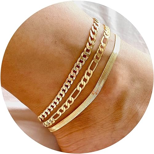 DEARMAY Gold-Fußkettchen für Damen, 14 Karat Gold, Fußkettchen für Damen, wasserdicht, kubanische Glieder-Fußkettchen-Set, geschichtete Fußkettchen-Armbänder für Damen, Fußkettchen für Damen, Goldschmuck, Geschenk