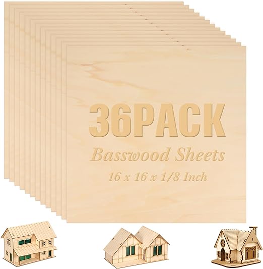 36 Pack Basswood Sheets Plywood Board 1/8 Inch Unfinished Wood Boards for Crafts for DIY Laser Projects Architectural Model Making Mini House Building Hobby Wood Burning (16 x 16 x 1/8 Inch)