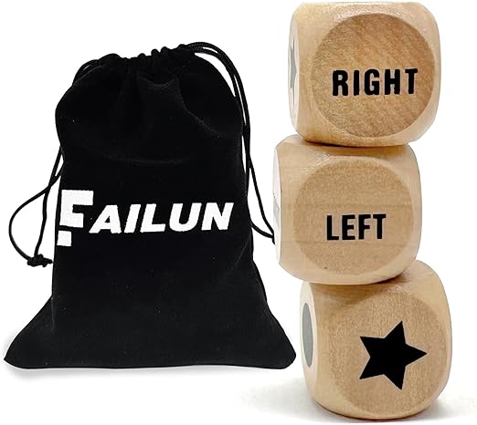 FAILUN 3 dados de juego del centro izquierdo derecho de 1 pulgada de dados de madera con bolsa con cordón, fácil de almacenar y transportar, conveniente para viajar. 