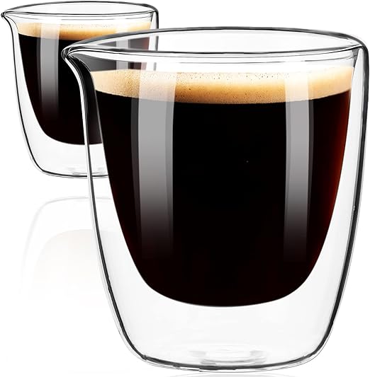 PARACITY Espressotassen-Set, 2 Stück, doppelwandiges Espresso-Schnapsglas mit Ausgießer, Espresso-Kaffeetasse aus Borosilikatglas, Espresso-Shots-Tasse, Espresso-Zubehör aus klarem Glas, 70 ml 