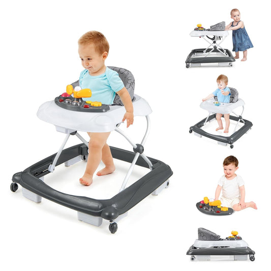 BABY JOY Andador para Bebés, Andador de Actividades Plegable 4 en 1 con Altura Ajustable, Música, Luces, Andador Antivuelco para Niños Pequeños, Andador con Ruedas para Niños Niñas de 7 a 14 Meses (Gris)