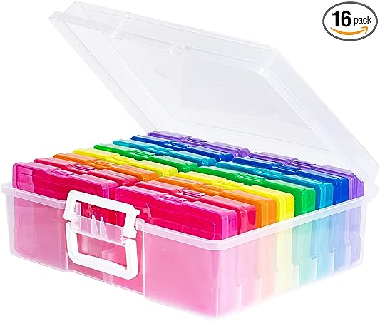 novelinks Transparent 4" x 6" Photo Cases and Clear Craft Keeper with Handle - 16 Inner Cases Plastic Storage Container Box (Multi-colored)