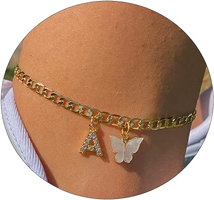 VIROMY 14 Karat vergoldete, zierliche Schmetterlings-Anfangs-Fußkettchen, handgefertigte kubanische Kette, weißer Schmetterling, AZ-Alphabet-Anfangs-Fußkettchen, personalisierter Sommer-Strand-Schmuck, Geschenke für Frauen