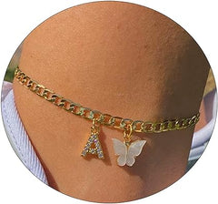 VIROMY 14 Karat vergoldete, zierliche Schmetterlings-Anfangs-Fußkettchen, handgefertigte kubanische Kette, weißer Schmetterling, AZ-Alphabet-Anfangs-Fußkettchen, personalisierter Sommer-Strand-Schmuck, Geschenke für Frauen