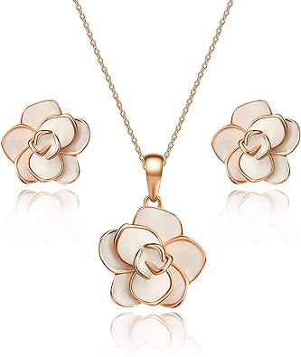 EVEVIC Rosenblüten-Halsketten-Ohrring-Set für Damen, 18 Karat vergoldet, hypoallergene Schmucksets