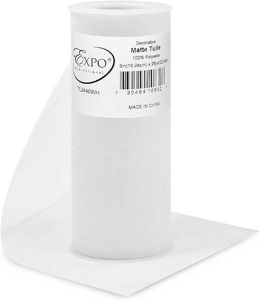 Expo International Decorative Matte Tulle, Roll/Spool of 6 Inches X 25 Yards, Polyester-Made Tulle Fabric, Matte Finish, Lightweight, Versatile, Washable, Easy-to-Use, White