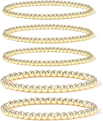 Badu Goldperlenarmband für Damen, 14 Karat vergoldetes Perlenkugelarmband, dehnbares, elastisches, hypoallergenes, böhmisches, stapelbares Armband