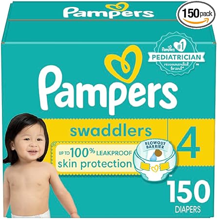 Pampers Swaddlers Diapers - Size 4, One Month Supply (150 Count), Ultra Soft Disposable Baby Diapers