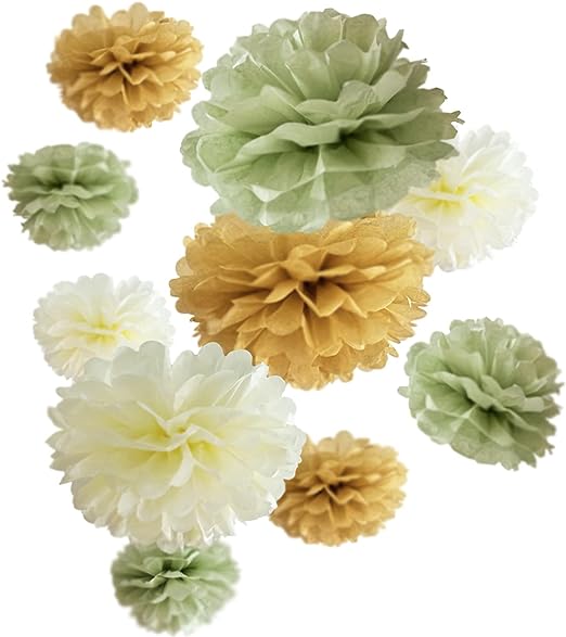 15PCS Sage Green,Nude & Ivory Tissue Paper Pom Poms Set-Ideal for Baby Shower,Birthday,Bridal Showers,Wedding,Party Decorations (14",10",8",6")