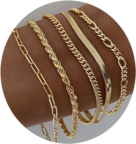 DEARMAY Goldarmbänder für Damen, 14-karätiges Echtgold-Schmuckset für Damen, niedliche Tennis-Perlenarmbänder für Damen, kubanische Glieder-Büroklammerkette, zierliche Armband-Packung, Geschenke für Damen und Mädchen