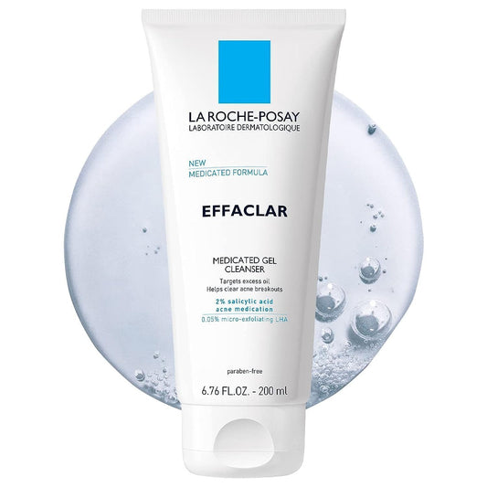 Limpiador facial en gel medicado La Roche-Posay Effaclar, lavado facial espumoso para acné con ácido salicílico, ayuda a eliminar los brotes de acné y con control de la piel grasa, sin aceite, sin fragancia 