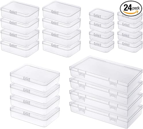 Goodma 24 Pieces Mixed Sizes Rectangular Empty Mini Clear Plastic Organizer Storage Box Containers with Hinged Lids for Small Items and Other Craft Projects