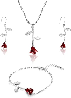 Sureio 18 Karat vergoldetes Schmuckset mit Rosen-Halskette, Armband und Ohrringen, personalisierte rote Rosenblüten-Halsketten, ästhetisches Kettenarmband, Strand-Fußkettchen, baumelnde Hakenohrringe für Weihnachtsgeschenk, Mädchen und Frauen