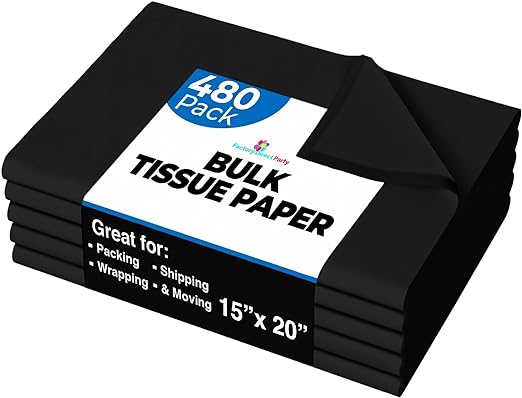 480 Sheets Bulk Black Tissue Paper - 15" x 20" Packing Paper Sheets for Moving - 10lb Wrapping Paper - Newsprint Paper for Packing, Gift Wrapping, Moving Supplies & Protecting Crown Display