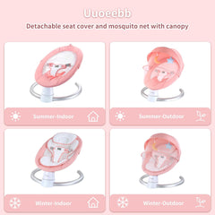 Uuoeebb Columpio para Bebés, Mecedor Eléctrico Portátil para Bebés con Soporte Bluetooth con 5 Velocidades de Columpio, 10 Canciones de Cuna, Control Remoto/Panel Táctil - Columpio Infantil para Uso Interior y Exterior, Rosa