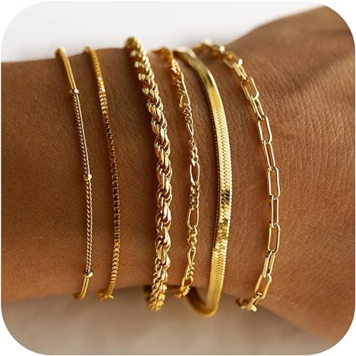 DEARMAY Goldarmbänder für Damen, wasserdicht, 14 Karat echt vergoldet, Schmucksets für Damen, trendige, dünne, zierliche, stapelbare, kubanische Glieder-Büroklammerketten-Armband-Set, modische Accessoires, Geschenke für Frauen und Mädchen