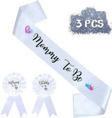 HAPPYLAND Gender Reveal Decorations Sash and Tinplate Badge Mommy to Be and Daddy to Be Baby Shower