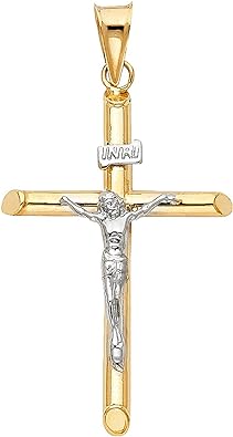 Religiöser Kruzifix-Kreuz-Charm-Anhänger aus 14 Karat zweifarbigem Gold, 43 mm x 20 mm