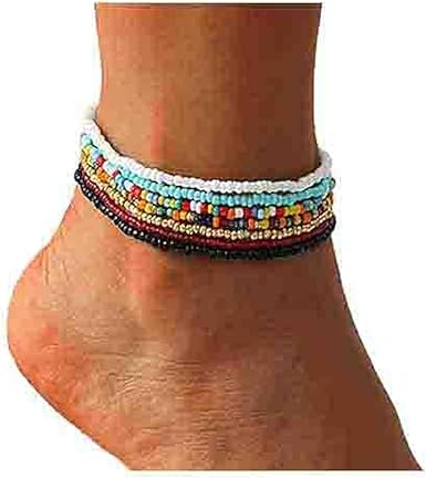 VFlowee Boho handgefertigte afrikanische Fußkettchen mit Perlen, mehrfarbig, für Damen, Stretch-Rocailles, Regenbogen-Knöchelarmbänder, Glasperlen-Armband, elastische Fuß- und Handkette, Schmuck (7 Stück)