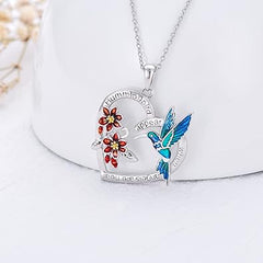 LONAGO Kolibri-Halskette aus Silber, Kolibri-Herz-Anhänger mit roter Glockenblume, Kolibris, Geschenke für Frauen und Mädchen